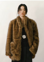 Fox-Tipped Faux Fur Stand-Collar Coat