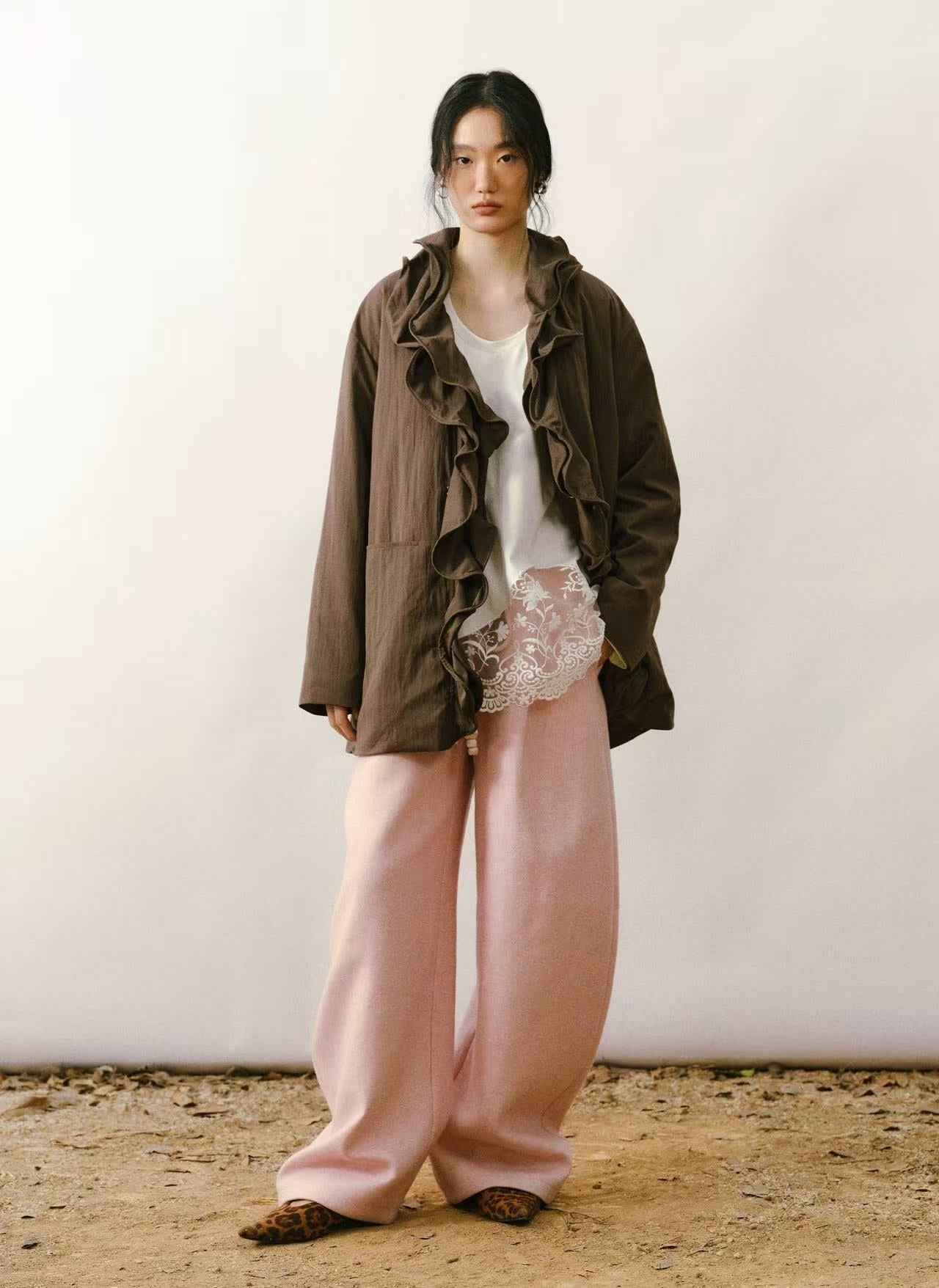 Ruffle-Trim Lightweight Down Jacket