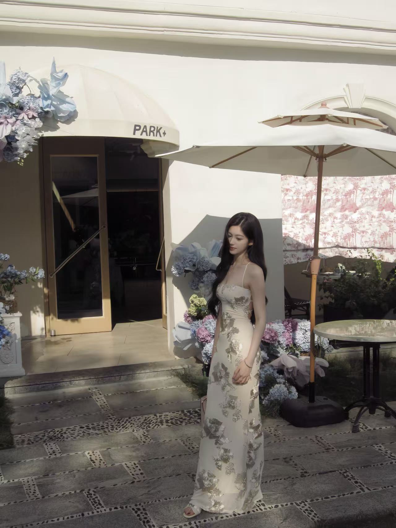 Embroidered Mesh Strap Maxi Dress