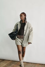 Contrast-Leather Chenille Cocoon Coat