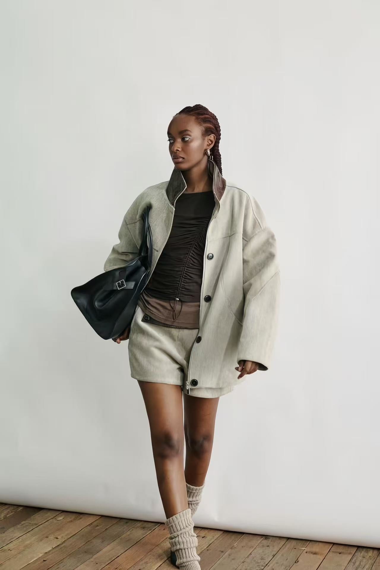 Contrast-Leather Chenille Cocoon Coat