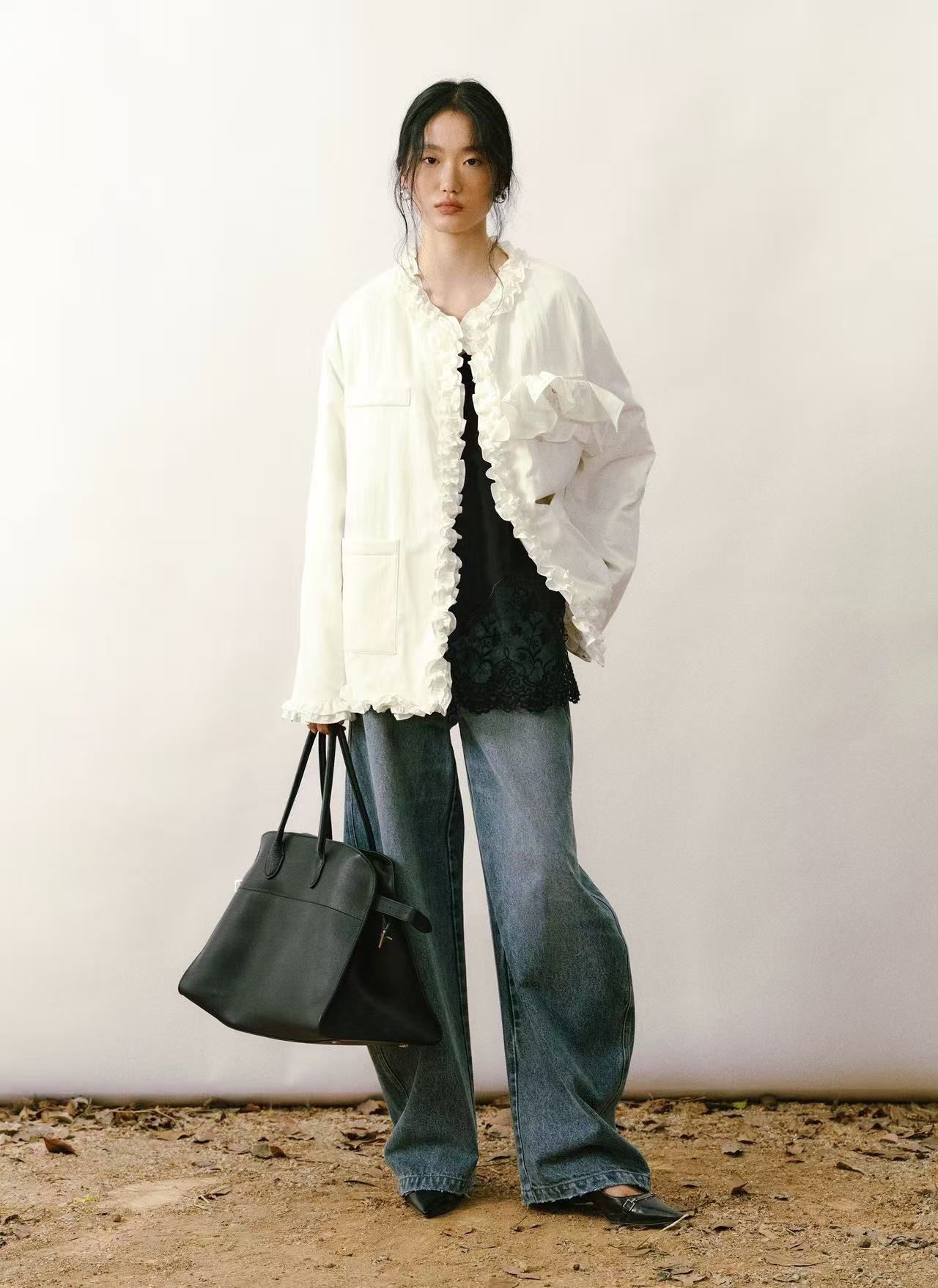 Ruffled V-Neck Quilted Cardigan Jacket