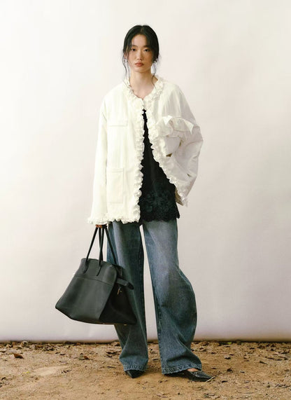 Ruffled V-Neck Quilted Cardigan Jacket