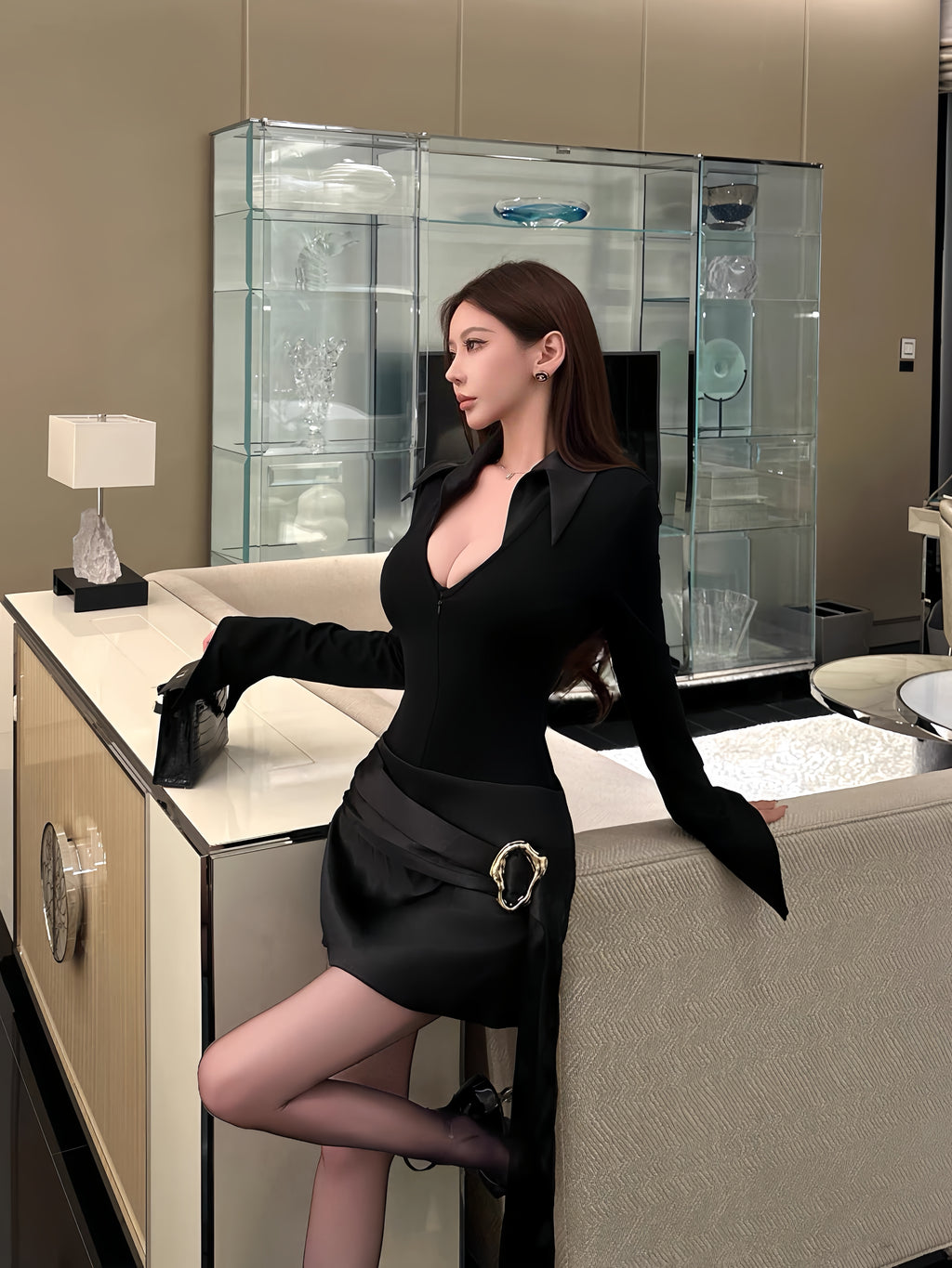 Deep V-Neck Zip Front Long Sleeve Bodysuit