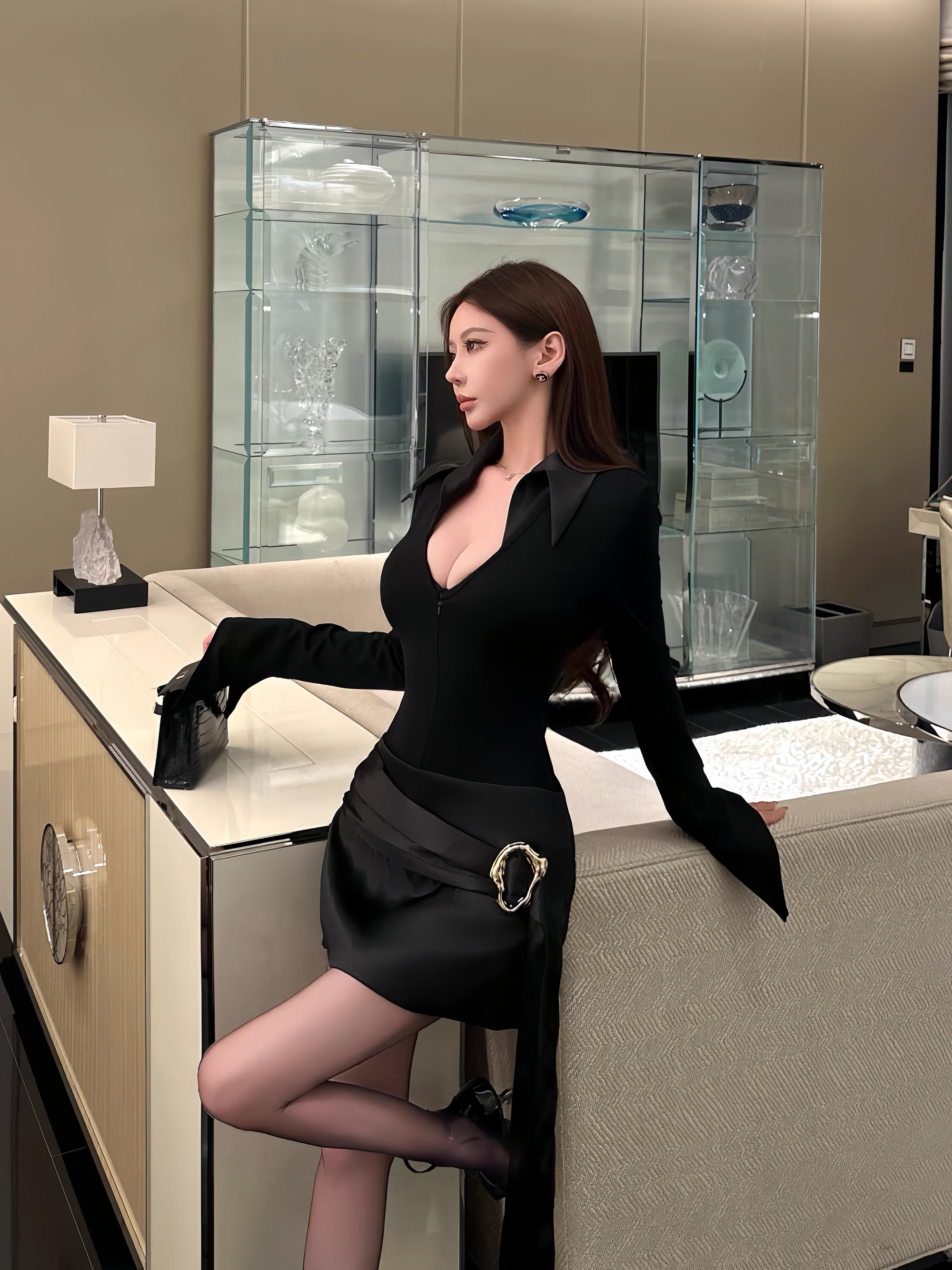 Deep V-Neck Zip Front Long Sleeve Bodysuit