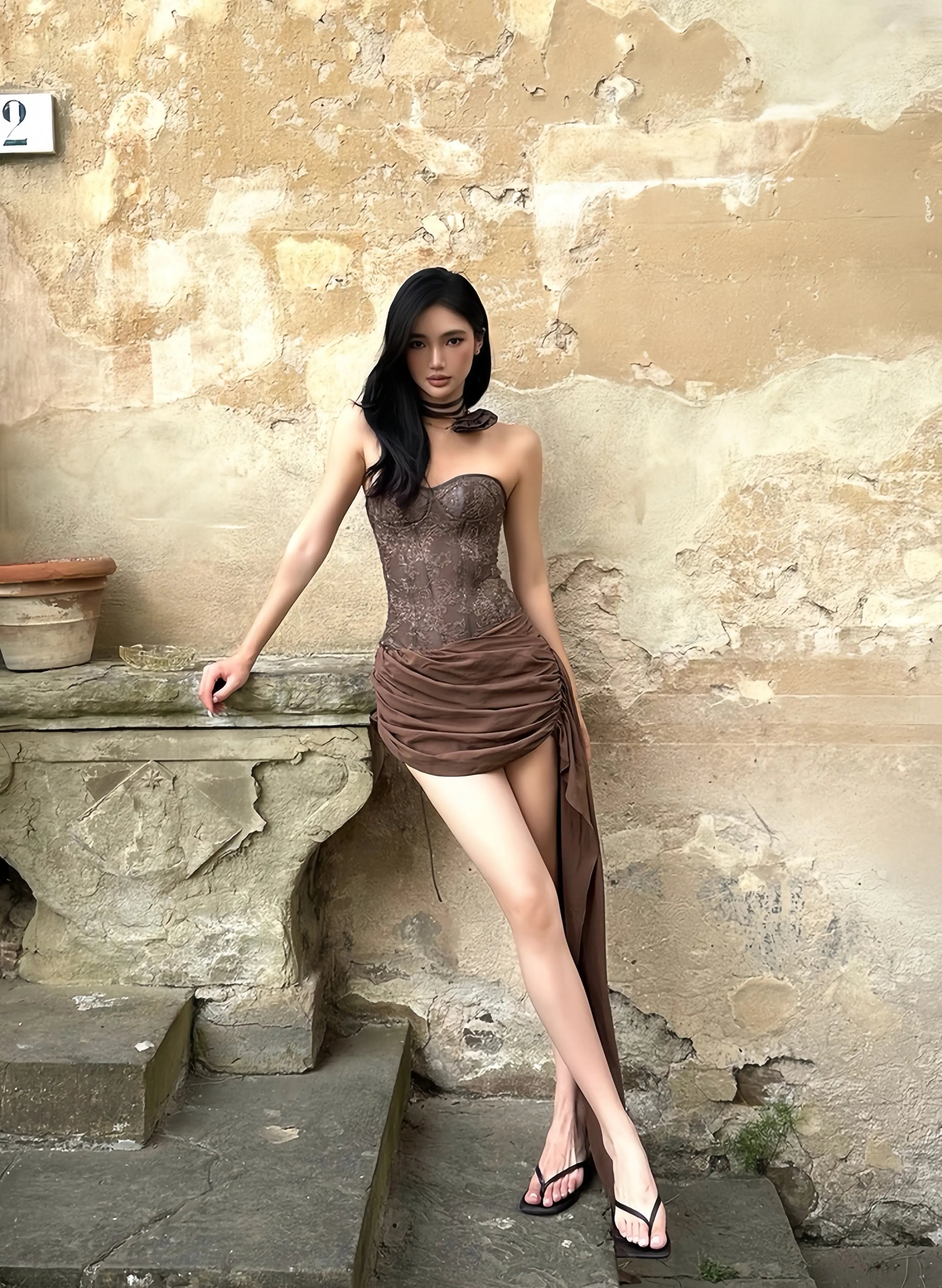 Brown Lace Corset Top & Draped Skirt Set - Velanocta