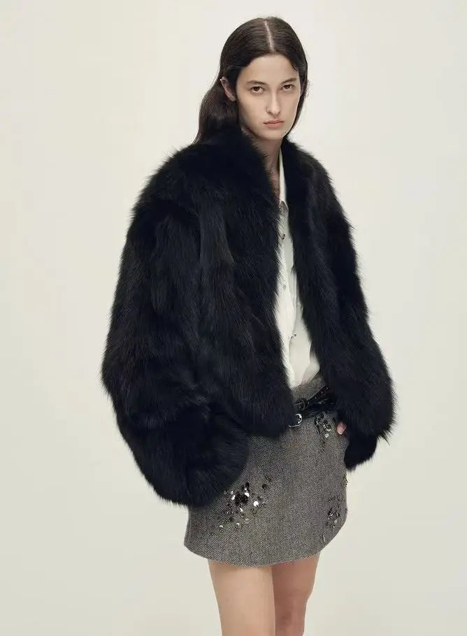 Black Raccoon-Trim Coat - Velanocta