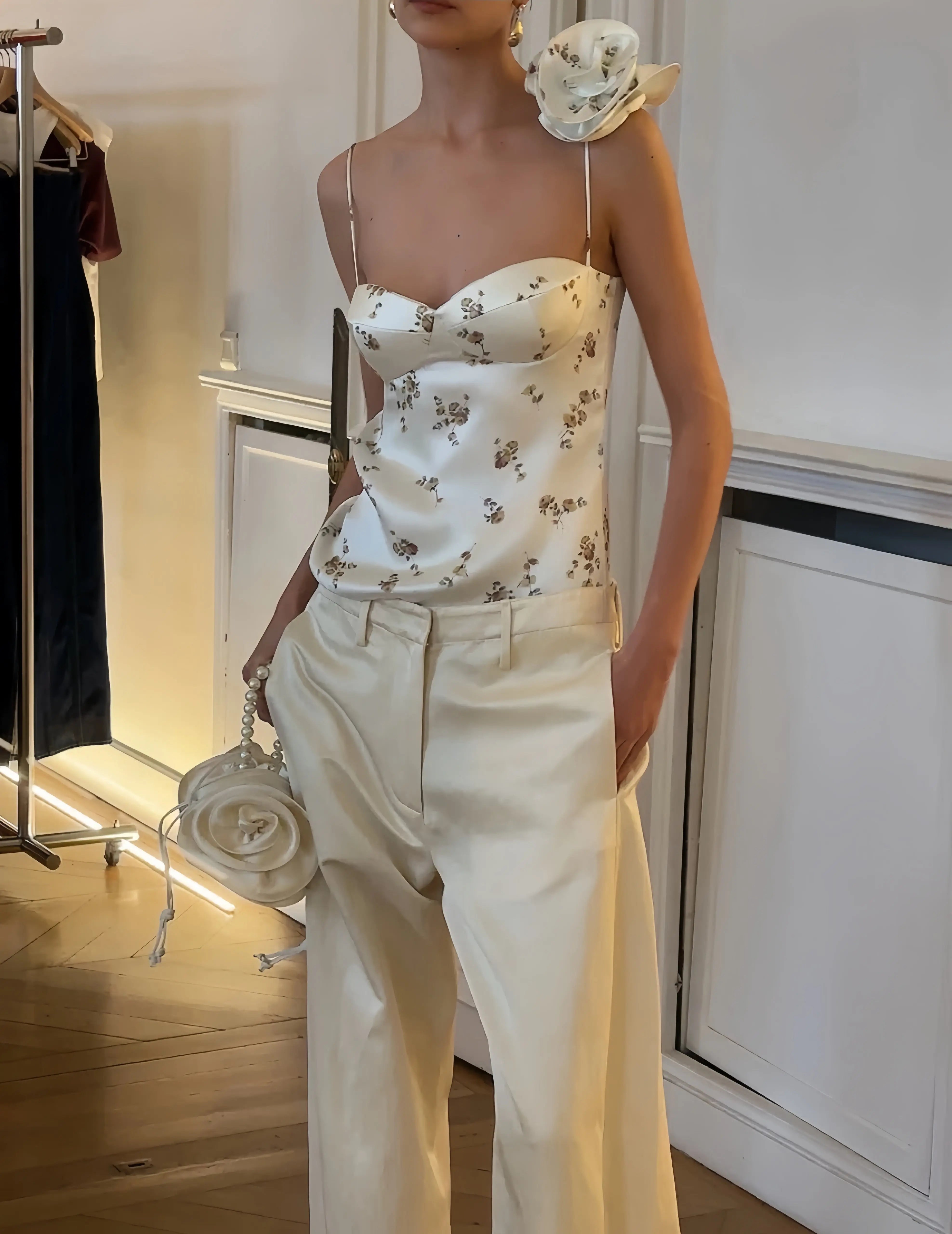 Floral Satin Sculpted Camisole Top - Velanocta