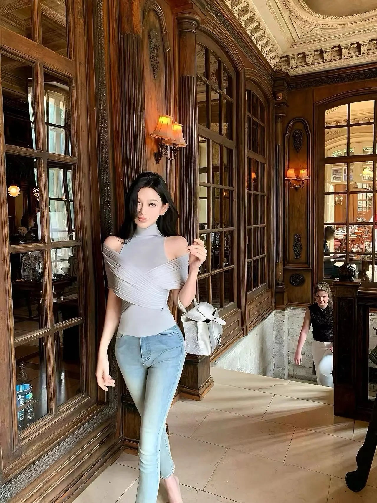 Off-Shoulder Knit Top with Mock Neck - Velanocta