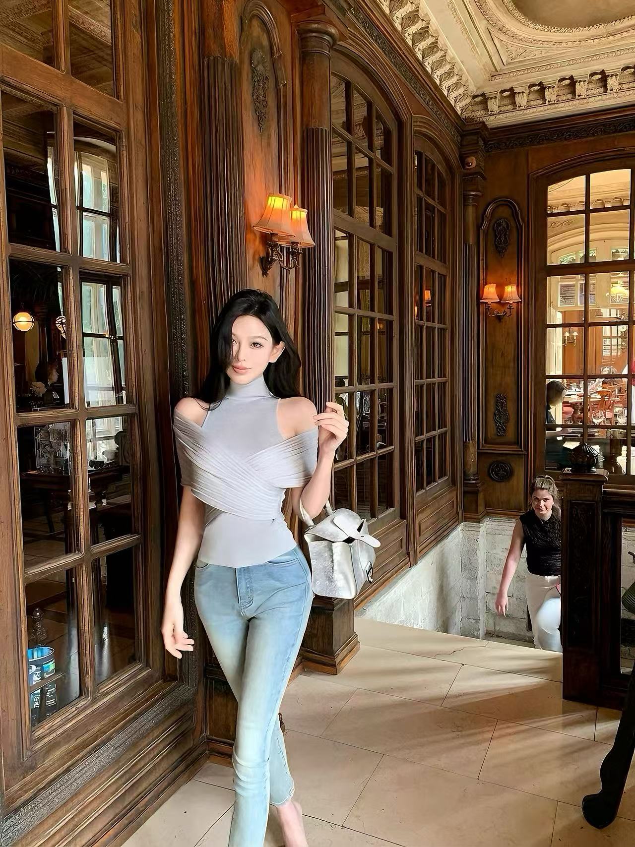 Off-Shoulder Knit Top with Mock Neck