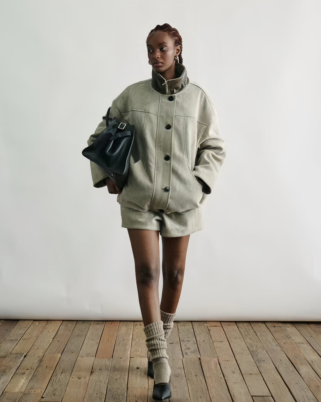 Contrast-Leather Chenille Cocoon Coat