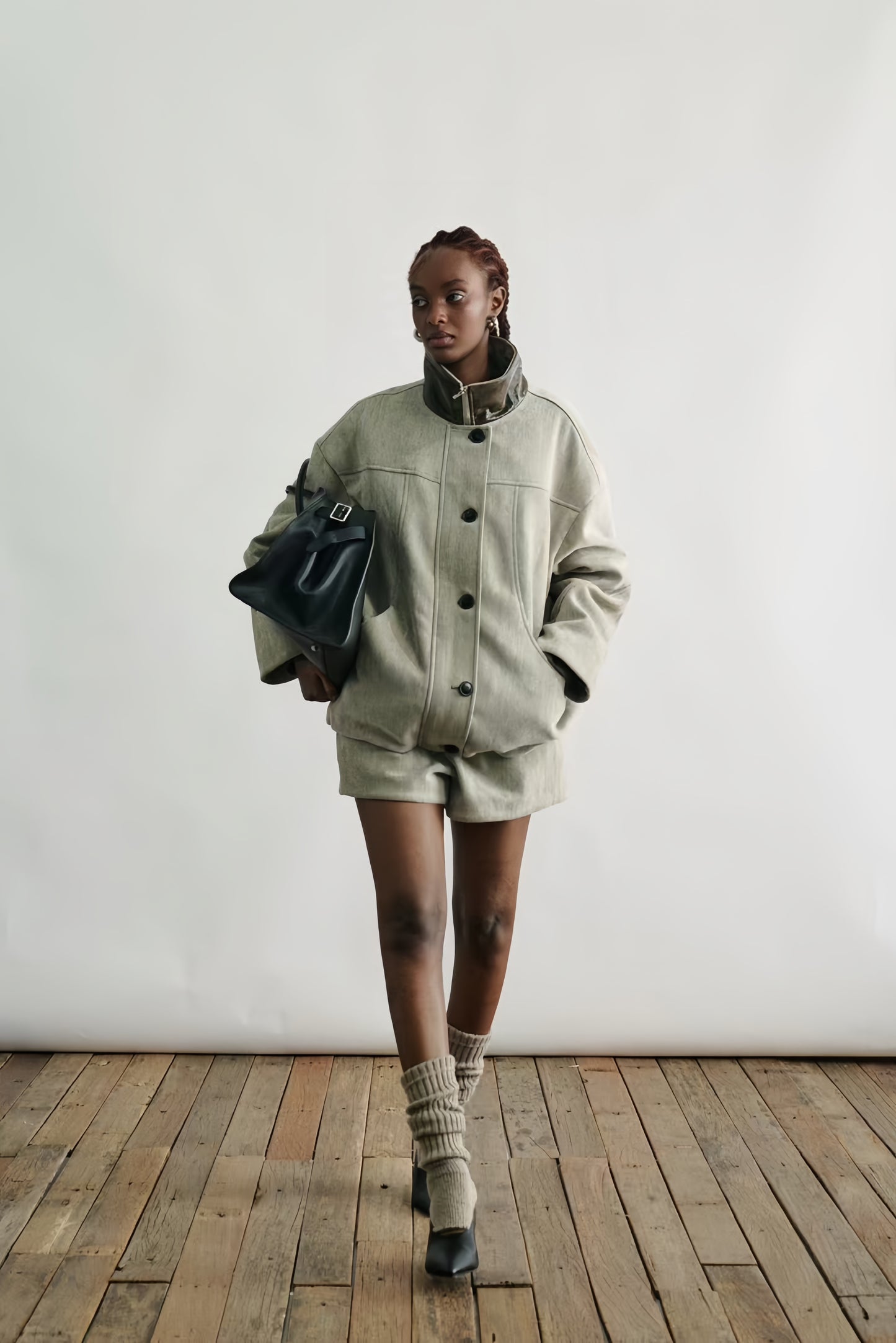 Contrast-Leather Chenille Cocoon Coat