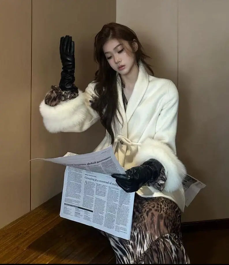 elegant wool jacket Fox Trim Wool Jacket - Velanocta