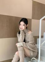 Scarf-Neck Off-Shoulder Ribbed Knit Mini Dress