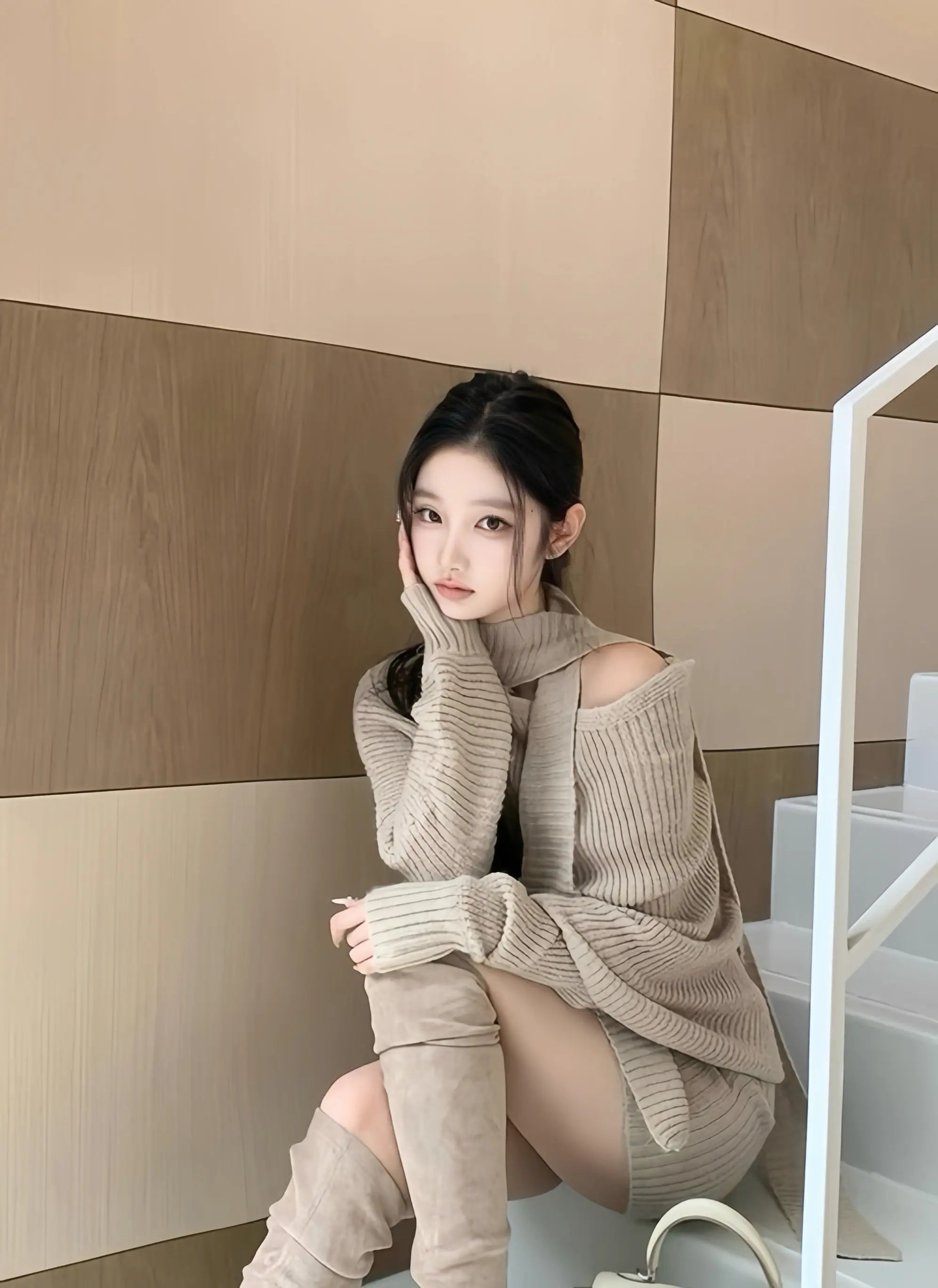 Scarf-Neck Off-Shoulder Ribbed Knit Mini Dress - Velanocta