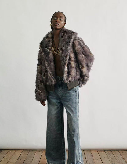 Contrast Faux Fur Collar Plush Jacke