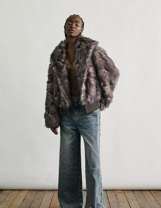 Contrast Faux Fur Collar Plush Jacke