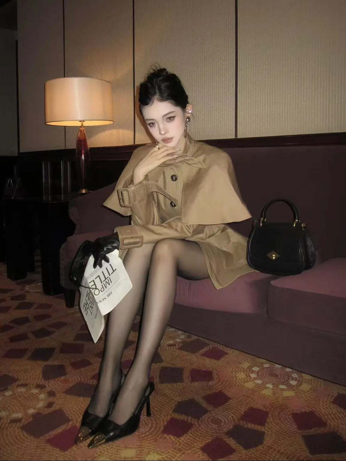 Camel Cape-Style Tailored Trench Coat - Velanocta