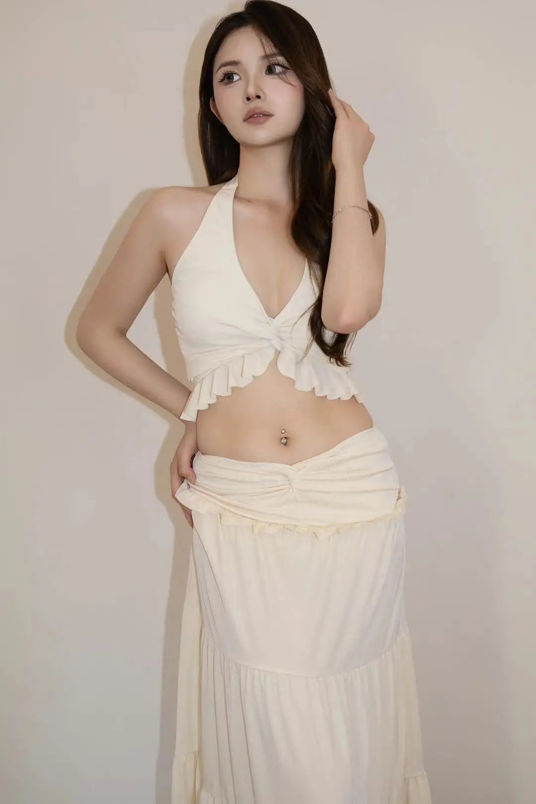 Ivory Ruffle Halter Skirt Set - Velanocta
