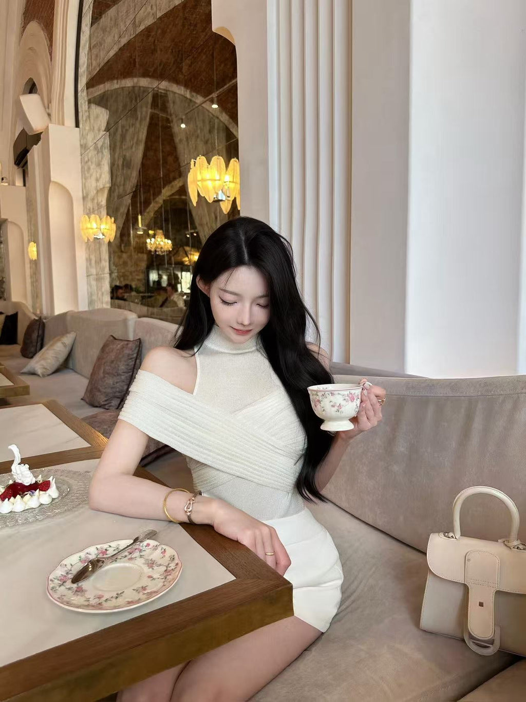 Off-Shoulder Knit Top with Mock Neck