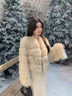 Ivory V-Neck Luxe Fox Fur Coat with Oversized Sleeves — SAGA Certified