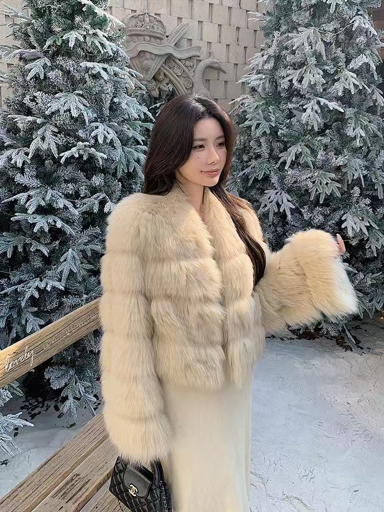 Ivory V-Neck Luxe Fox Fur Coat with Oversized Sleeves — SAGA Certified