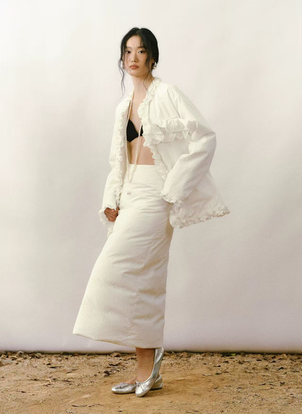 Ruffled V-Neck Quilted Cardigan Jacket