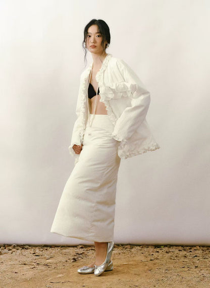 Ruffled V-Neck Quilted Cardigan Jacket