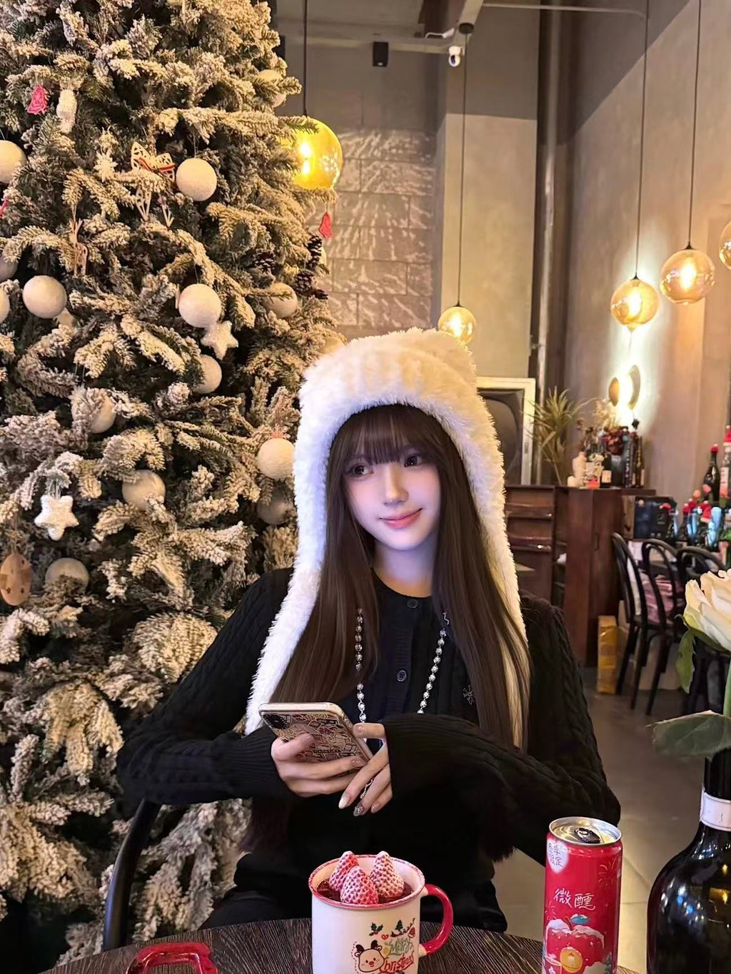 White Faux-Fur Earflap Hat + Black Knit Sweater Set