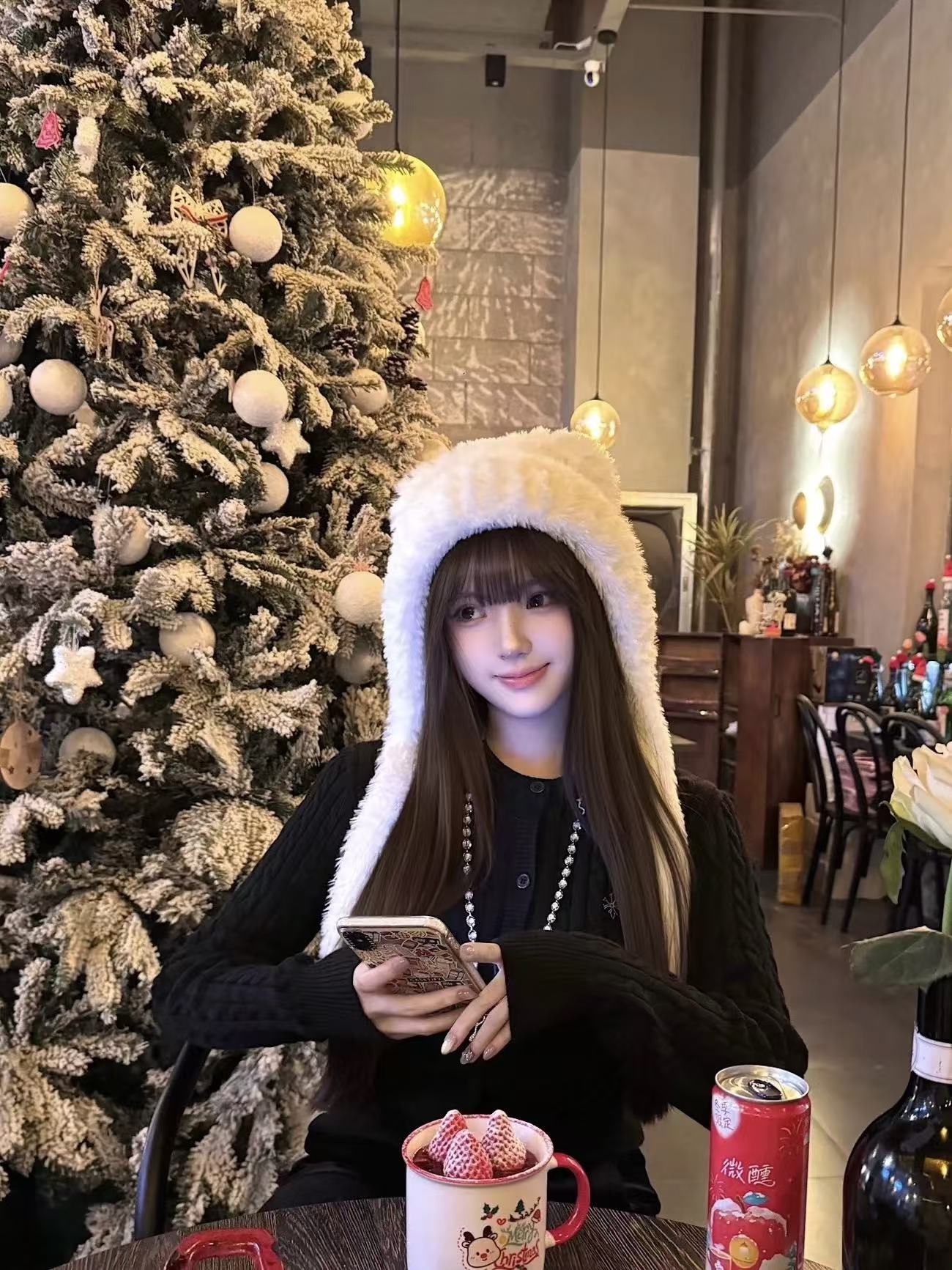 White Faux-Fur Earflap Hat + Black Knit Sweater Set