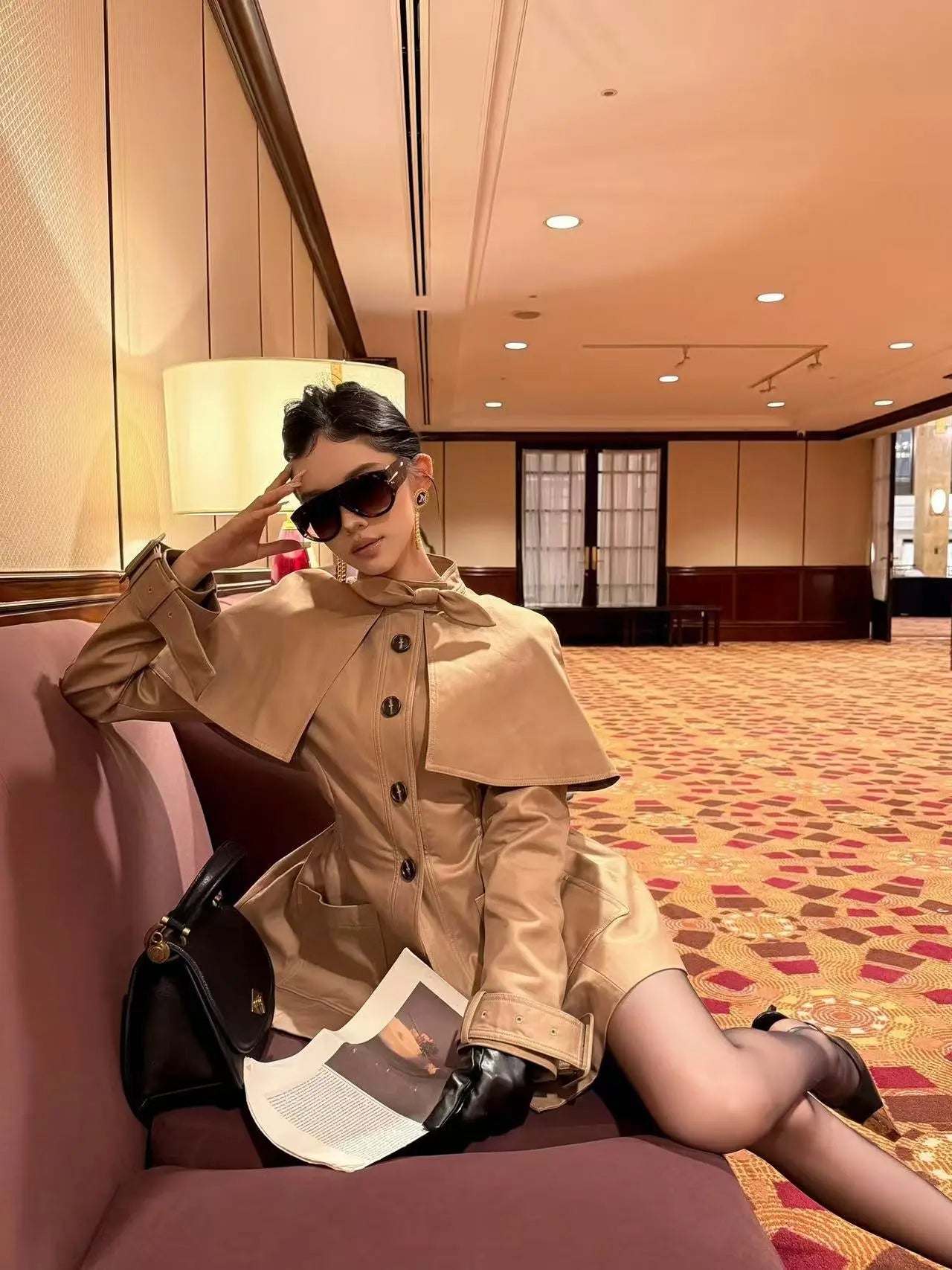 Camel Cape-Style Tailored Trench Coat - Velanocta
