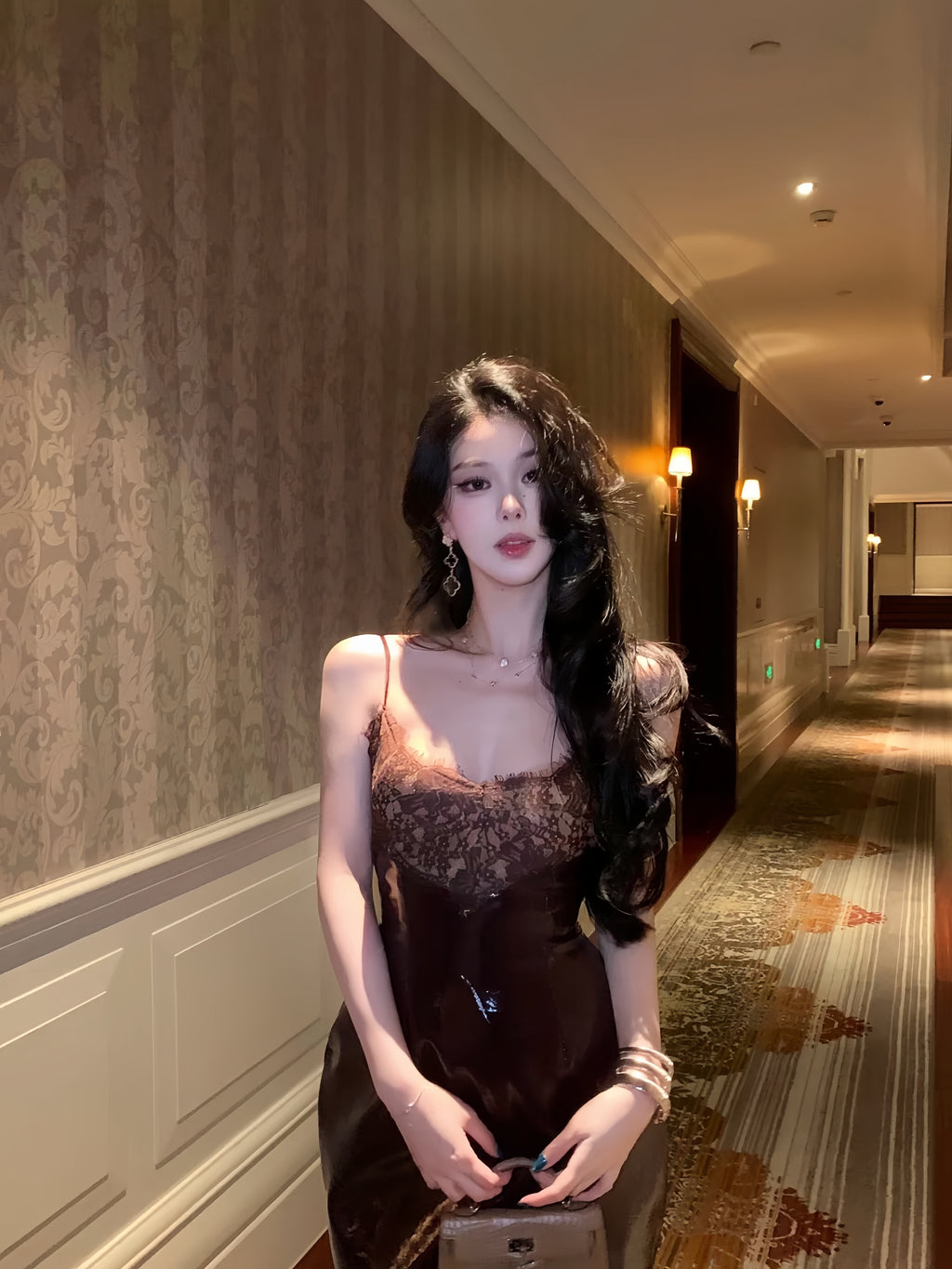 Lace-Panel Faux Leather Slip Dress