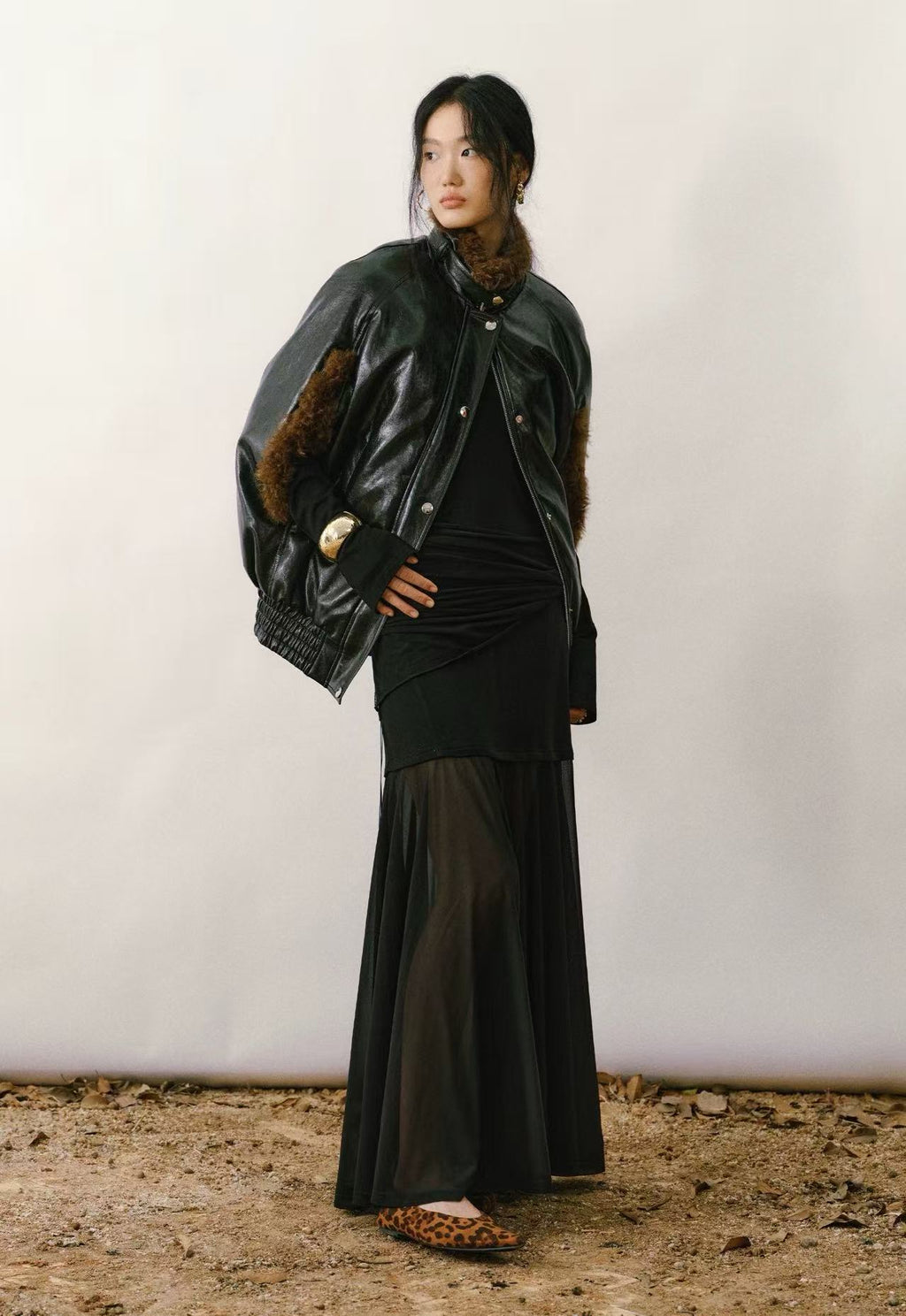 High-Neck Sleeveless PU Cape Jacket