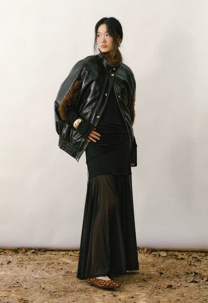 High-Neck Sleeveless PU Cape Jacket