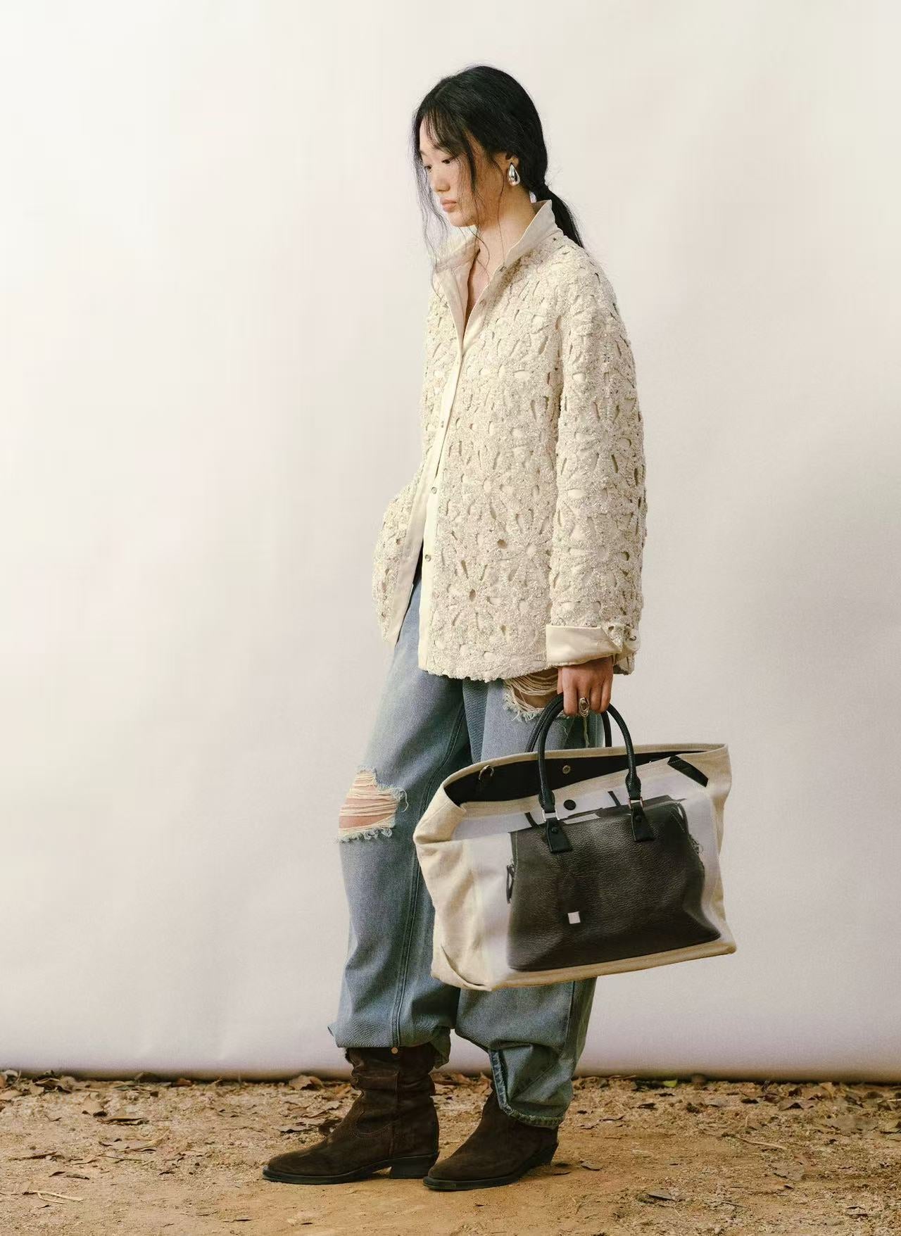 Vintage Cut-Out Floral Sequin Down Shirt