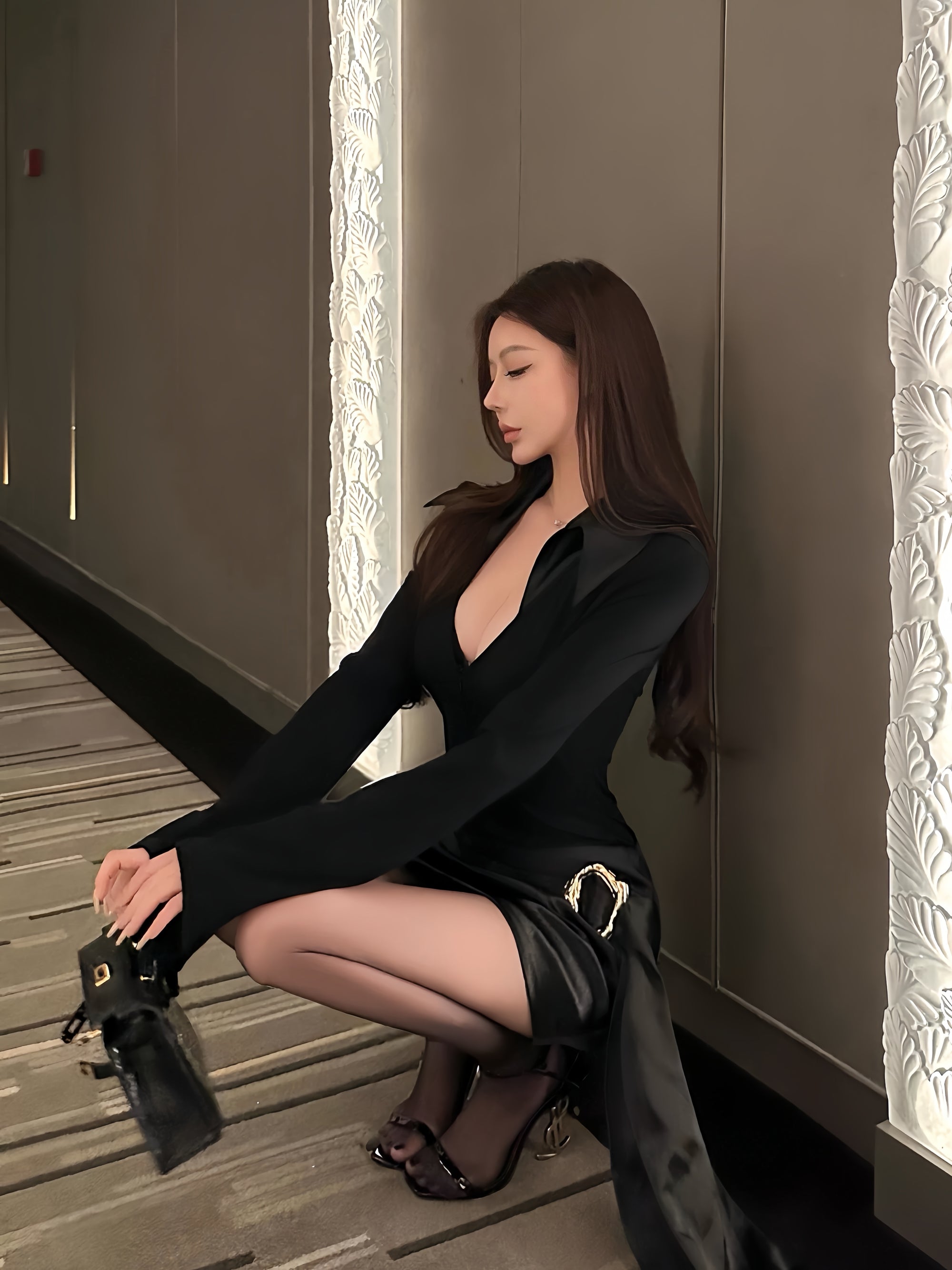 Deep V-Neck Zip Front Long Sleeve Bodysuit