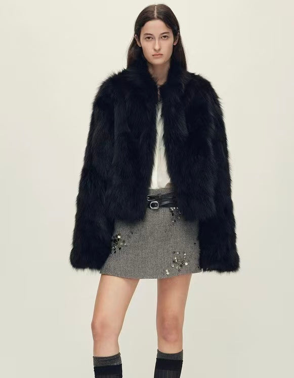 Black Raccoon-Trim Coat