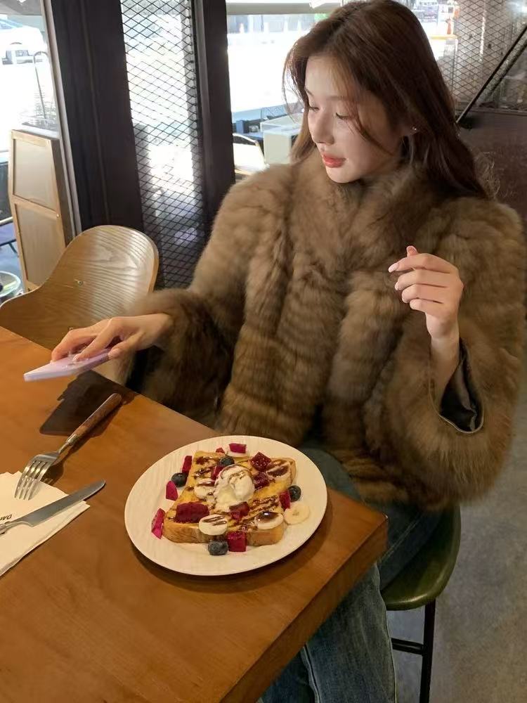 Amber Fox Fur Carved-Stripe Coat with High Collar — SAGA Certified