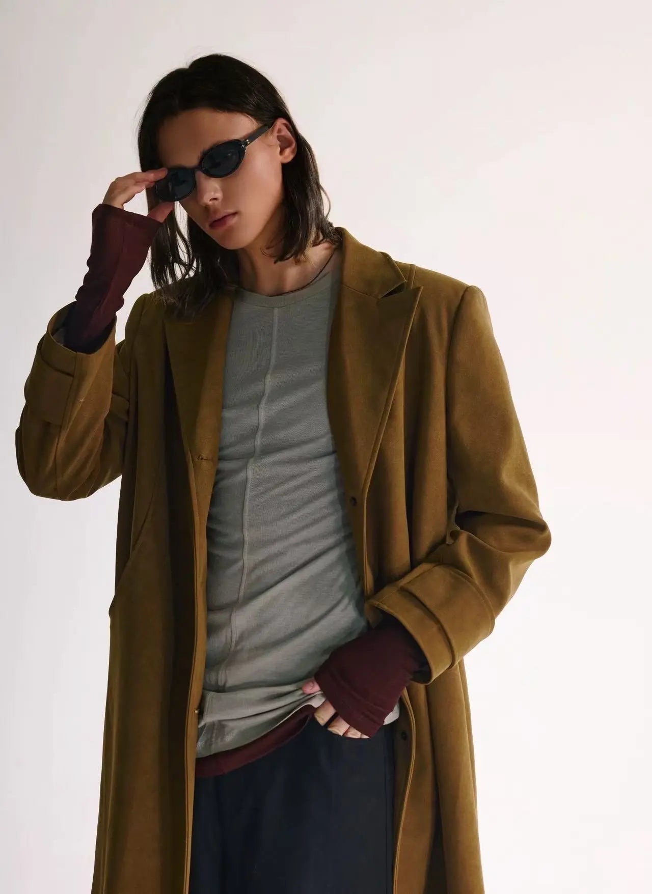 Structured Olive Brown Long Suede Coat with Padding - Velanocta