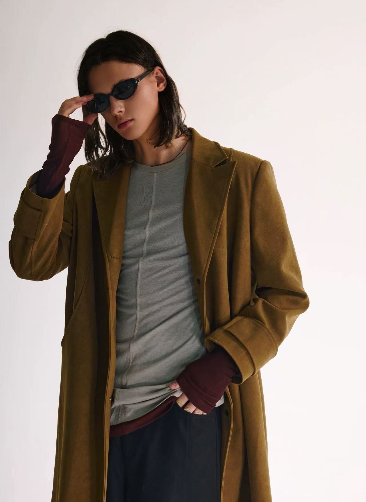 Brown Suede Notched-Lapel Long Coat