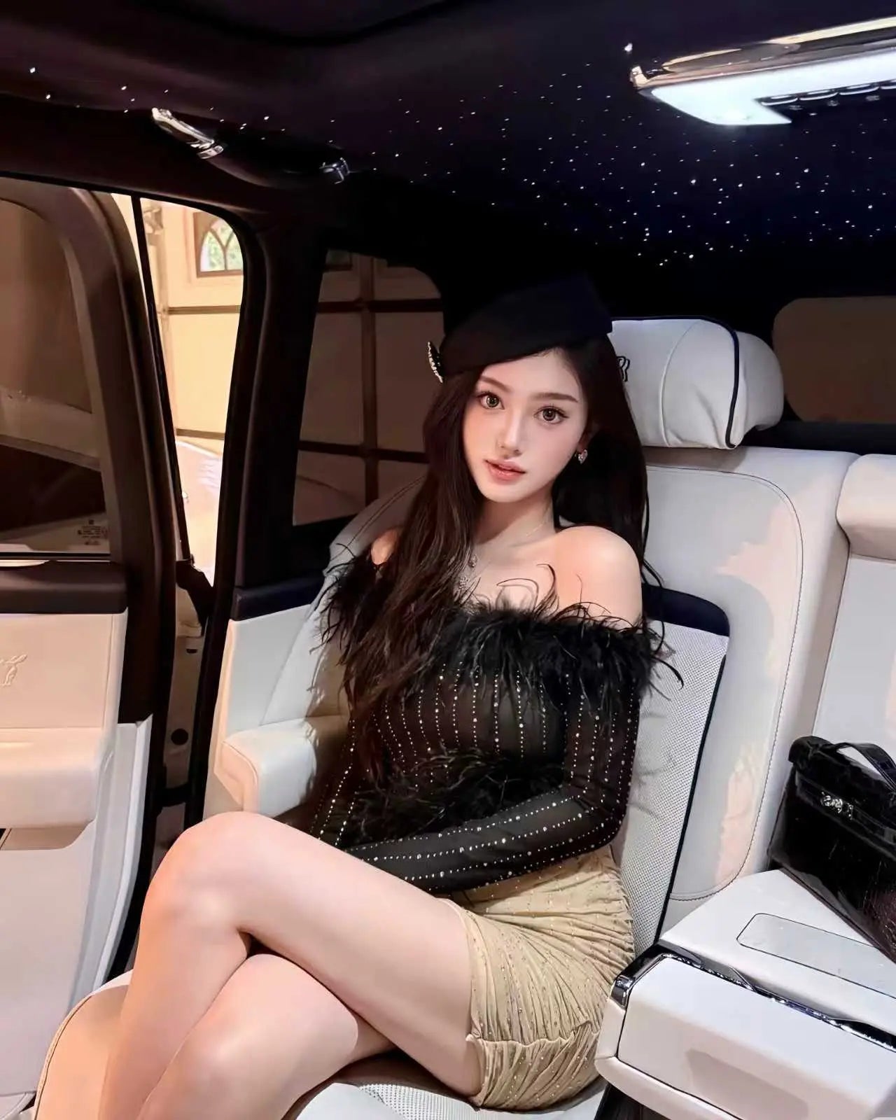 Feather-Trim Off-Shoulder Rhinestone Dress - Velanocta