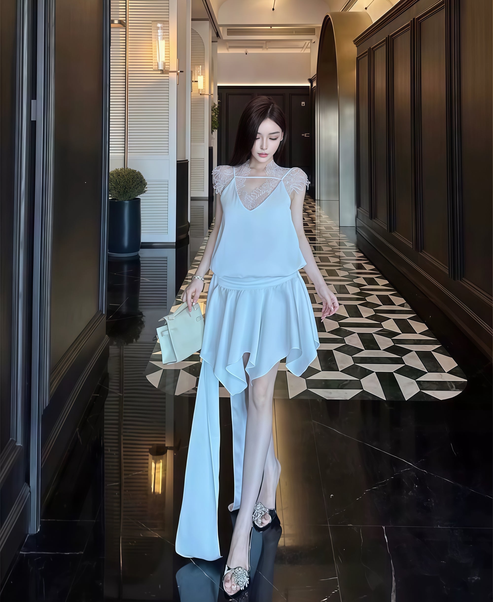 Lace Trim Satin Three-Piece Set