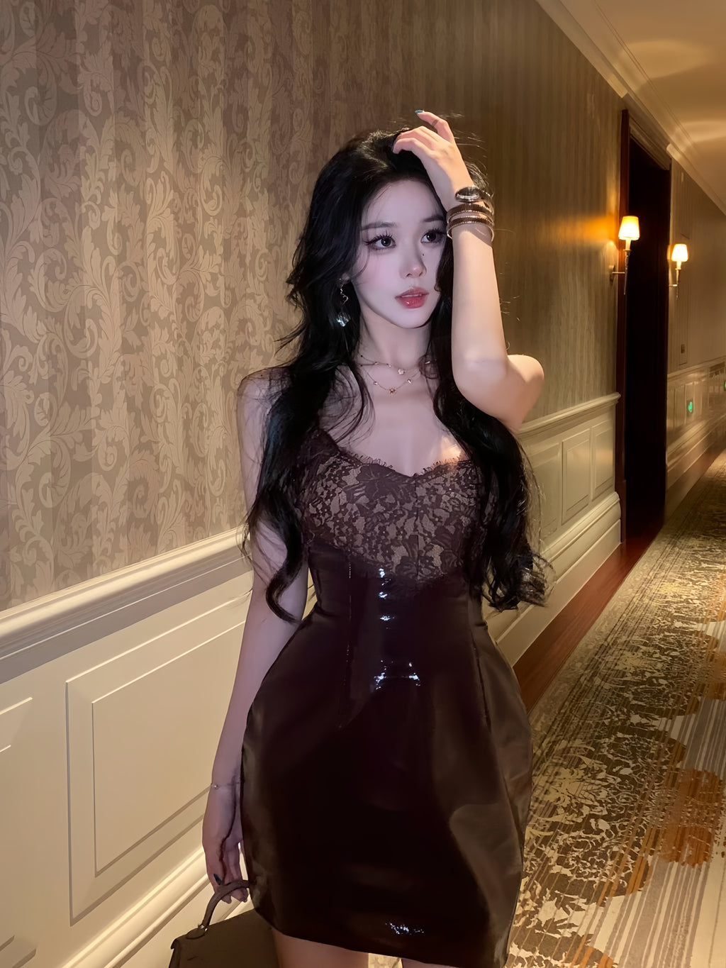 Lace-Panel Faux Leather Slip Dress