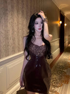 Lace-Panel Faux Leather Slip Dress