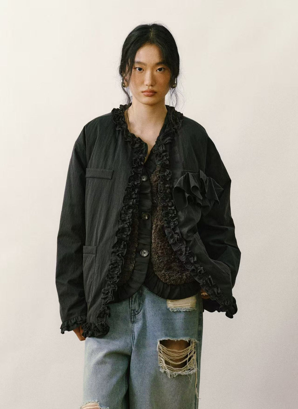 Ruffled V-Neck Quilted Cardigan Jacket