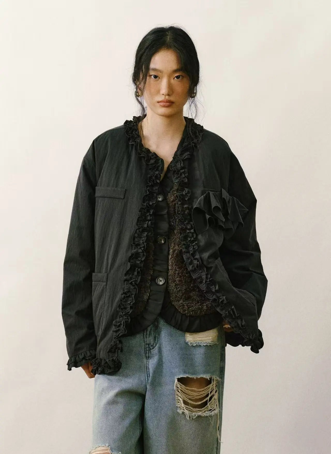 Ruffled V-Neck Quilted Cardigan Jacket - Velanocta