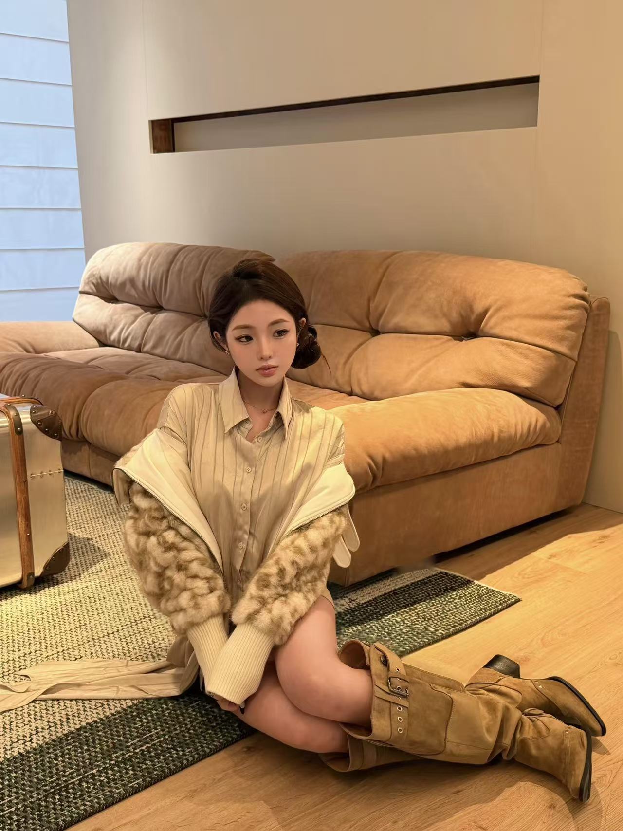 Faux Fur Contrast Collar Jacket – Coffee Pattern