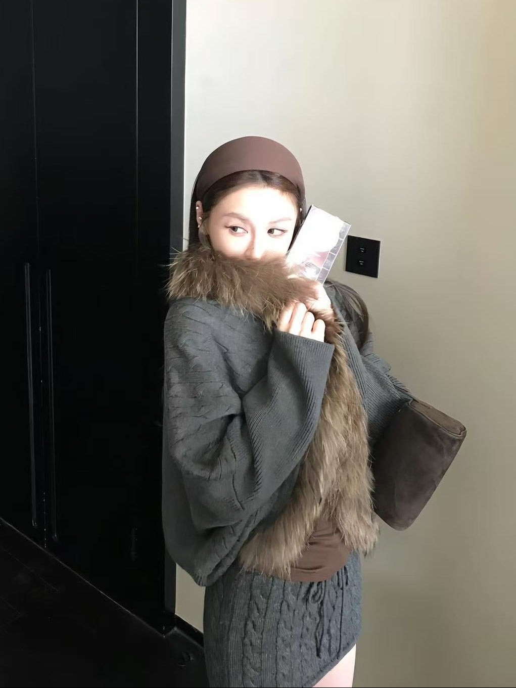 Merino Wool Coat with Oversized Mink-Feel Collar