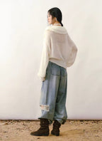 French Ruffled V-Neck Mohair Sweater