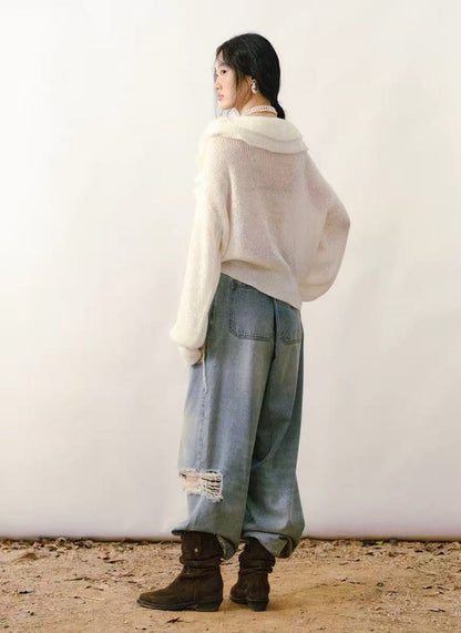 French Ruffled V-Neck Mohair Sweater